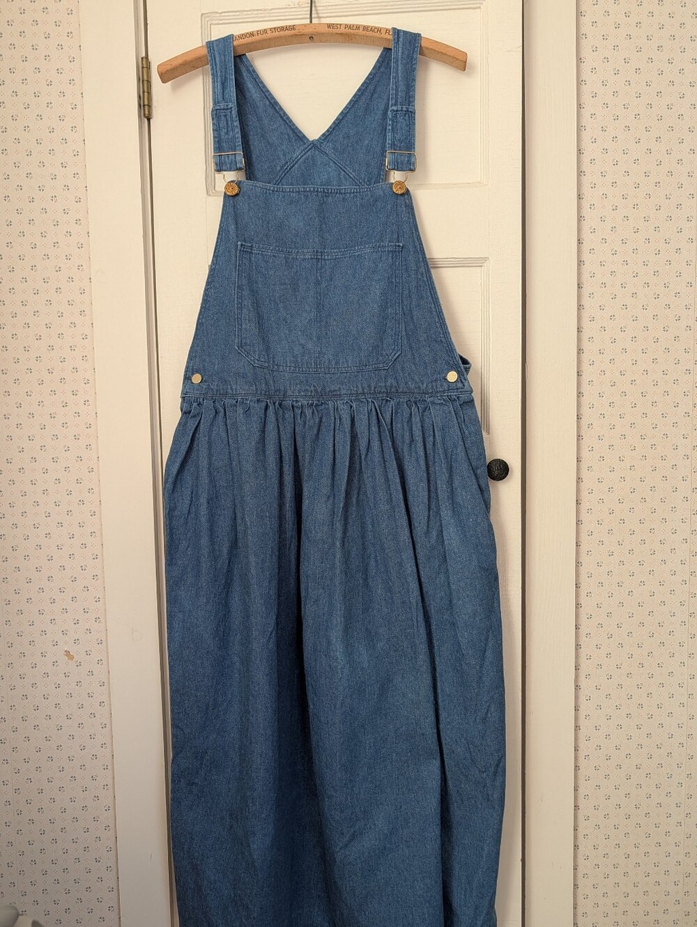 💙 Overalls M Denim Jumper Women's Blue Wide Long Gathered Skirt Modest Vintage